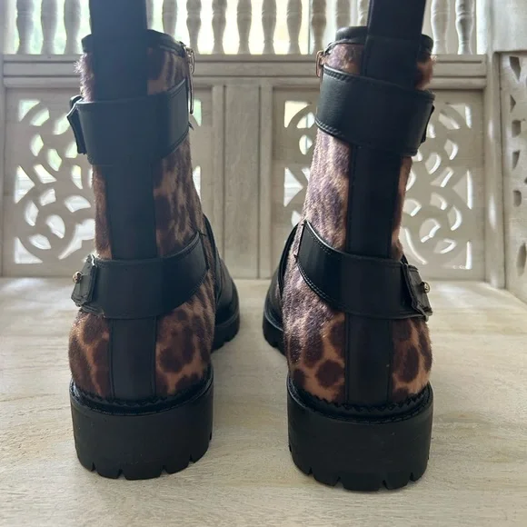 NEW Nine West Arria Leopard Animal and Black Combat Boots Moto Gold Buckles 9 - Picture 6 of 9
